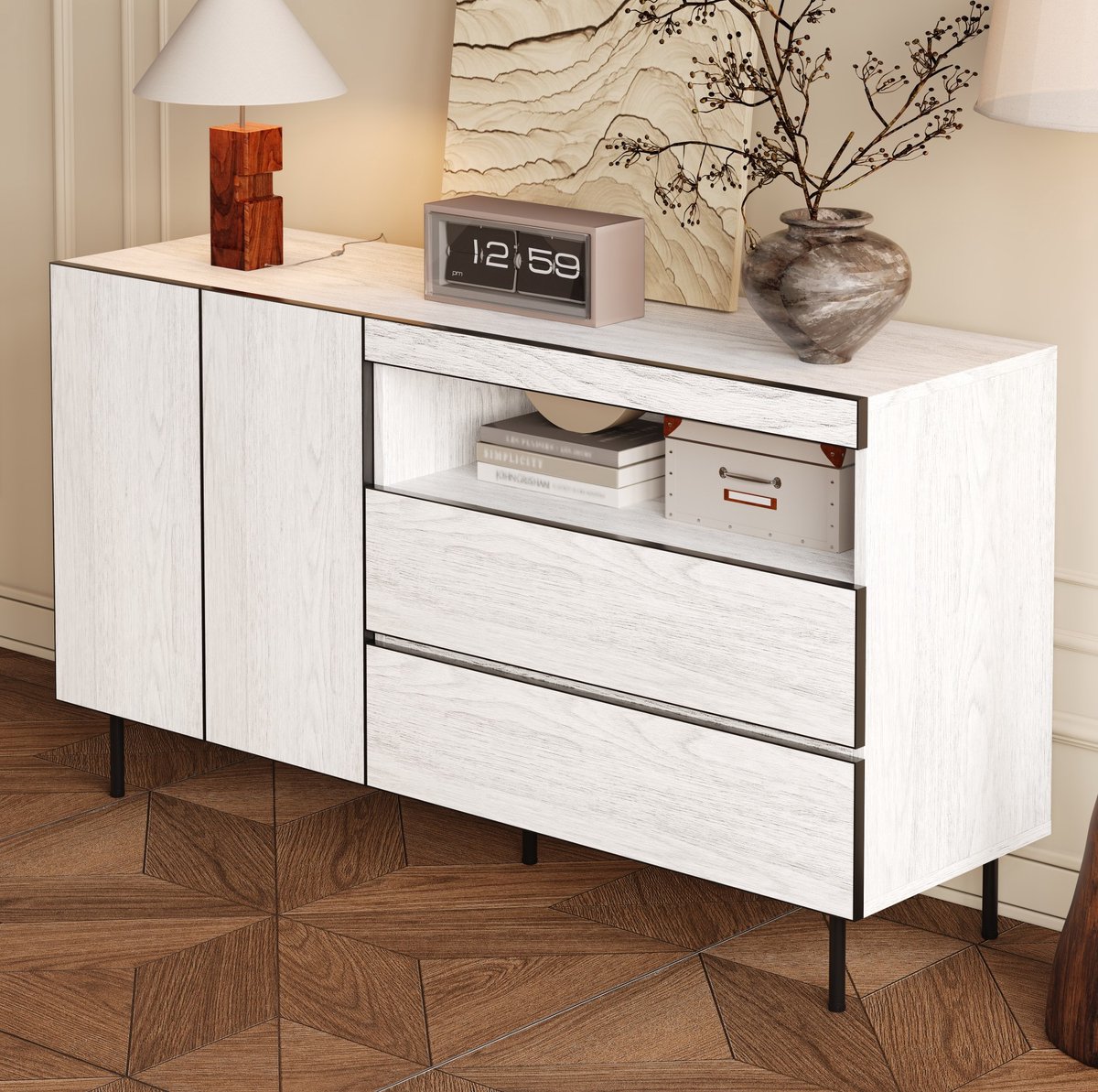 COVREO Dressoir 140x42x77 cm wit, spaanplaat met 2 lades en open vak