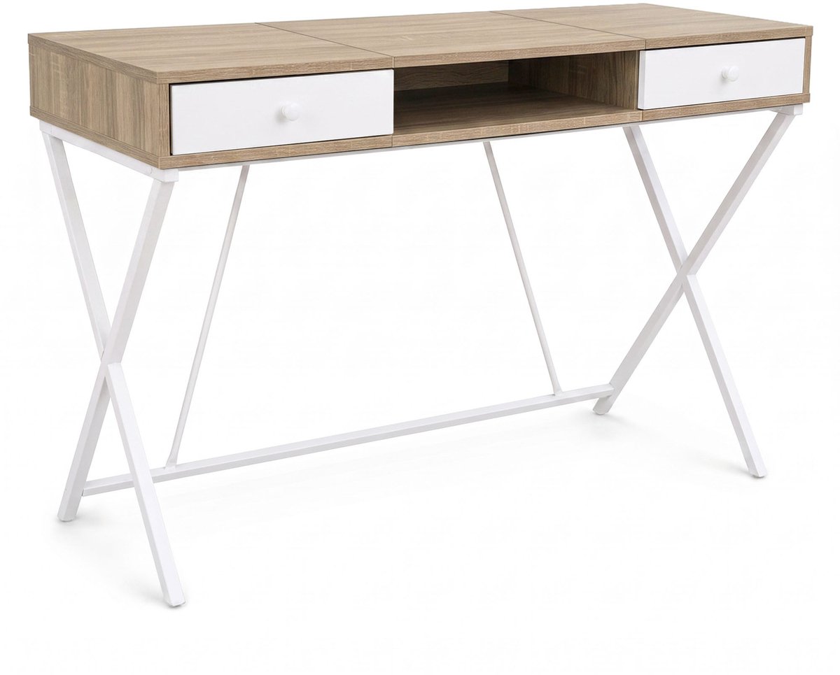 Computertafel Bureau CROSSLINE / Industrieel / Eiken Sonoma / 120 cm / 2 Lades / 1 Plank / Witte Poten