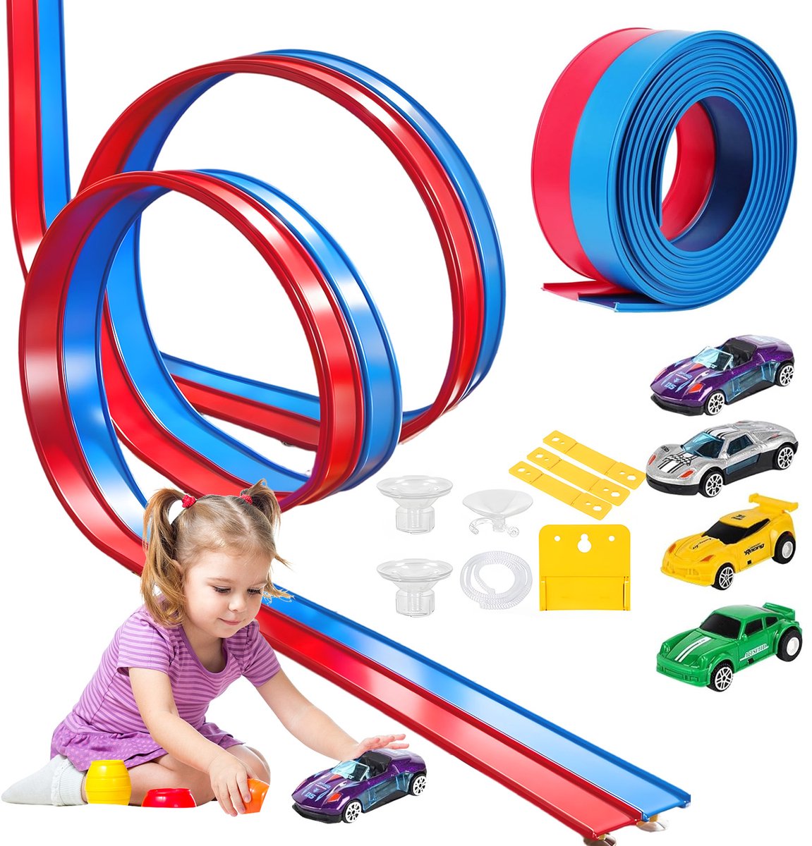 4,6 m Racebaan - Flexibele Auto Racetrack - Rood en Blauw - PVC - Auto Speelgoed Voor Kinderen - met 4 Auto's - Voor 1:64 - Binnen en Wand - Cadeau