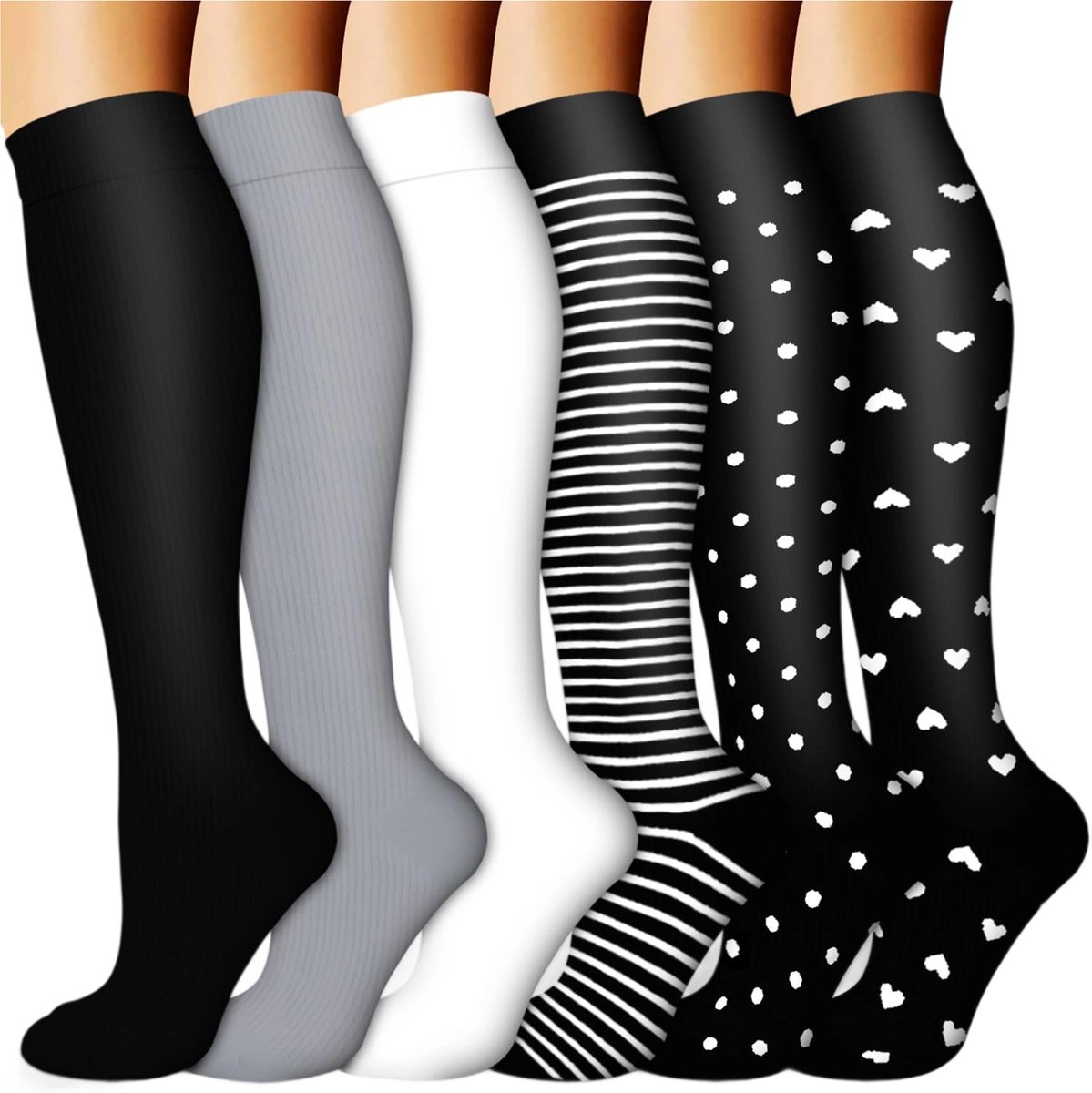 Compressiekousen 6 Paar voor Dames en Heren- Steunkousen 15-30 mmHg- Compressiesokken- Trombosekousen voor Sport- Hardlopen- Fietsen- Reizen- Vluchten- Verpleegkundigen en Zwangerschap