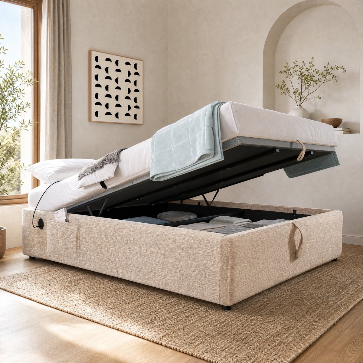 DESMIU Tweepersoonsbed 160x200 cm - Opbergruimte Met Usb En Type C - Zonder Hoofdbord - Voor Slaapkamer - Linnen En Hout - Beige En Natuurlijk - Zonder Matras