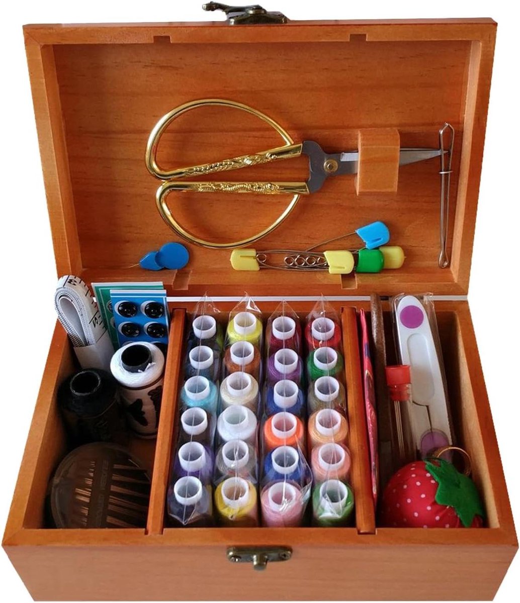 Houten Naaidoos - Naaimand met kit - Kleding Repareren - Compleet met accessoires - 21 x 13 x 9 cm