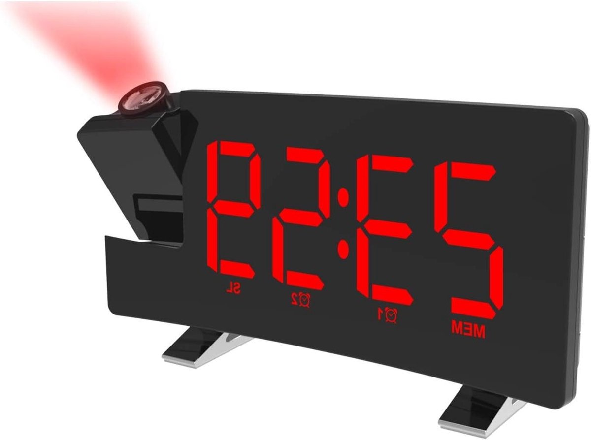 Projectie Wekker - Digitale Radio Klok - Wakker Worden - 180° Draaibare Projectie - 18 cm Breed - Zwart Rood