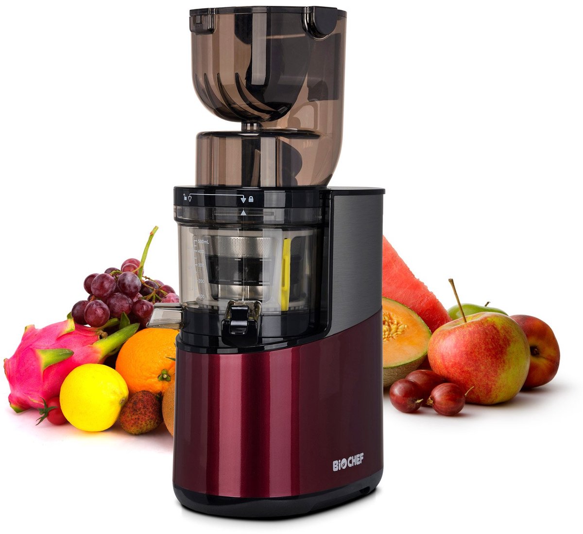 SnelShoppen - BioChef Atlas Whole Slow Juicer Pro Sapcentrifuge Rood - Koudpersen, 400W, BPA-vrij, Vaatwasmachinebestendig, Elegant Design, Brede Voer