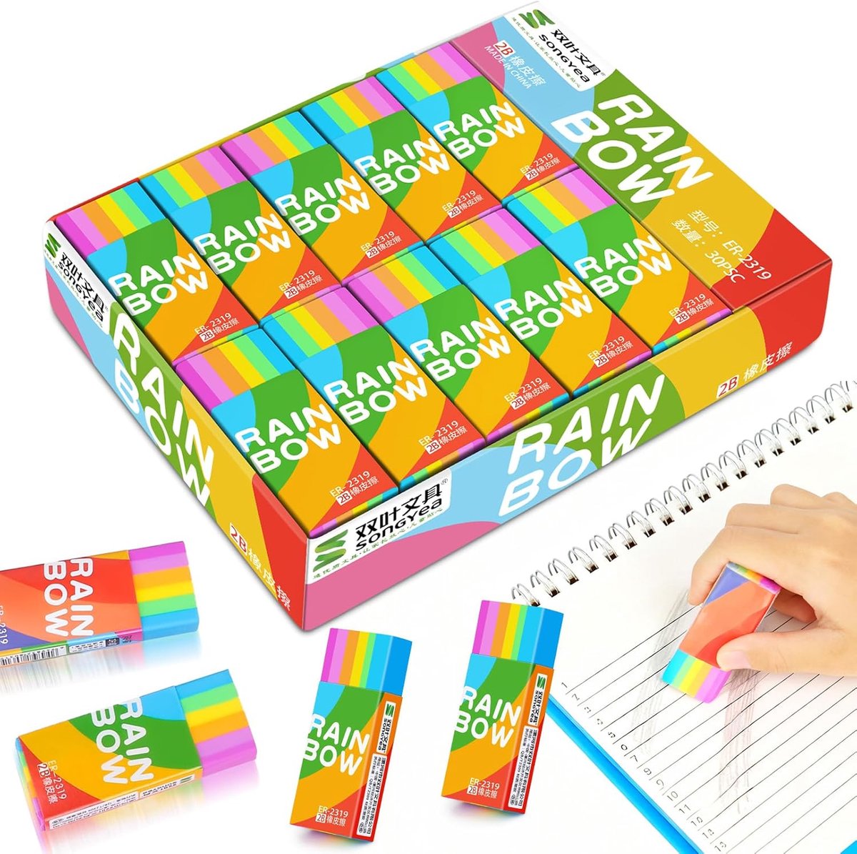 Gummen 30 Stuks - Regenboog Gummen - Zacht en Veilig - Ideaal voor School en Kantoor - ShopVlot