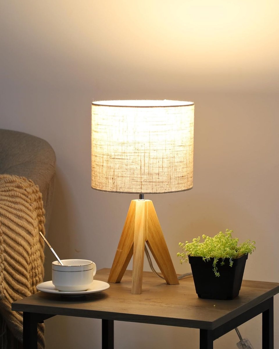 SnelShoppen - EDISHINE Bedlampje Tafellamp Hout E27-fitting Vintage Landhuis Beige Lampenkap Linnen - Inclusief 4W LED Lamp 2700K - Perfect voor Slaap