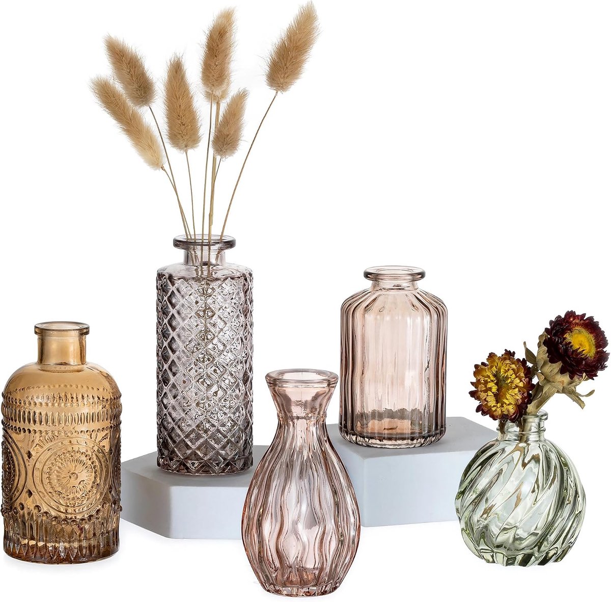 SnelShoppen - 5 Kleine Glazen Vazen Set voor Tafeldecoratie, Vintage Bruin, Mini Vazen voor Herfstdecoratie, Glazen Bloemenvaasjes voor Binnengebruik,