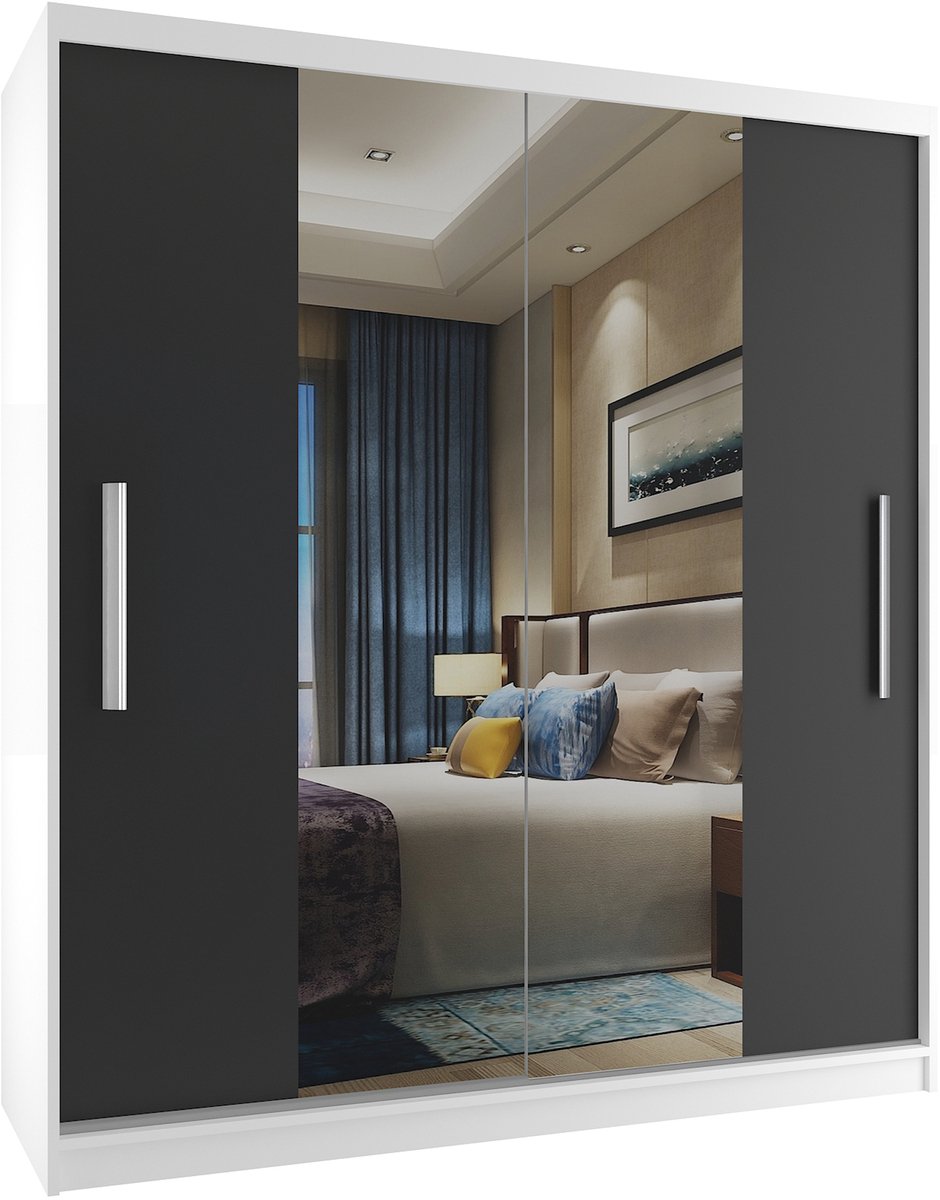 BELINI Verona ME Schuifdeurkast 133 cm Wit/Zwart Mat - Kledingkast met Spiegel - Comfort L