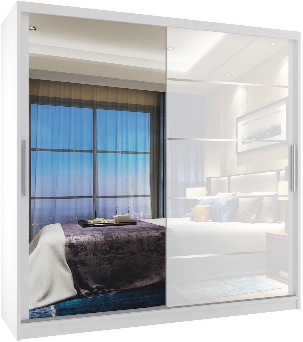 BELINI Verona MGB Schuifdeurkast 200 cm Wit Hoogglans - Kledingkast met Spiegel - Comfort Line Hoogglans