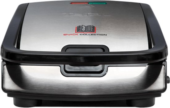 Tefal snack collection tosti-ijzer in geborsteld RVS met zwarte accenten. Rode en groene indicatielampjes.