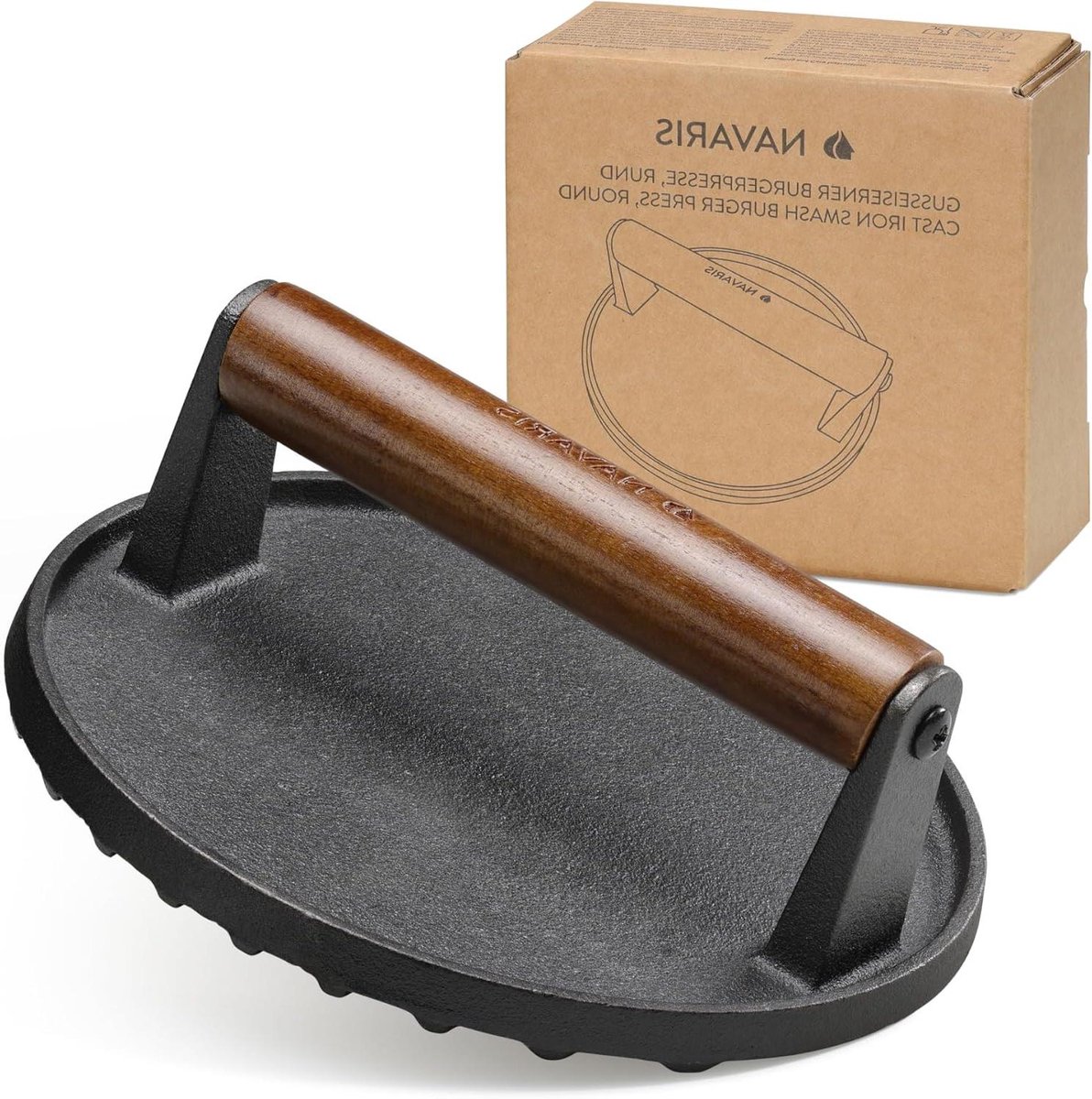Gietijzeren Burgerpers - Vlees Smelter - Burgers Grillen - Geribbelde Onderkant - 17.5 cm - Zwart