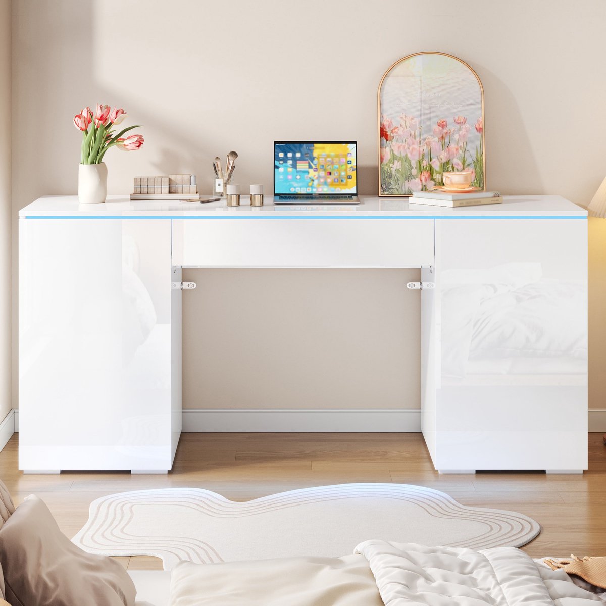 PHOEBE CAT Bureau – Kaptafel – Hoogglans opbergkast – LED-verlichting – Met lade – Wit
