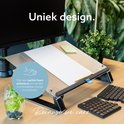 Zwarte documenthouder op een bureau met monitor, toetsenbord en een glas water. Tekst: "Uniek design."