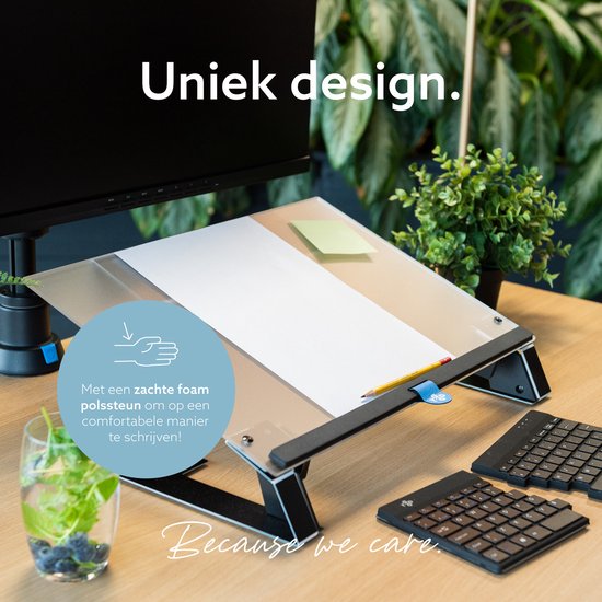 Zwarte documenthouder op een bureau met monitor, toetsenbord en een glas water. Tekst: "Uniek design."