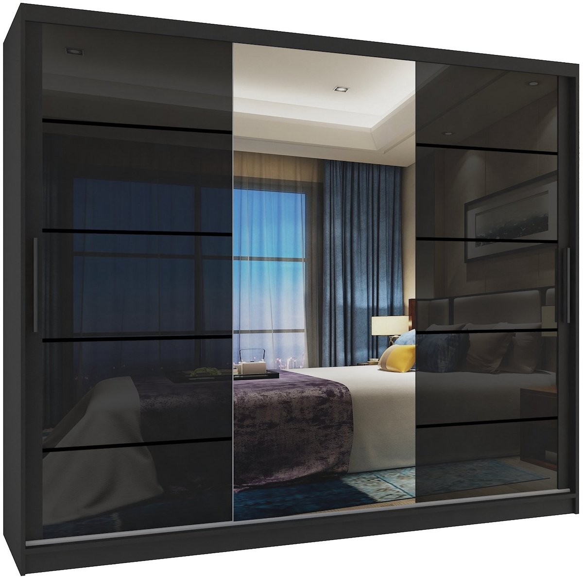 BELINI Verona MGB Schuifdeurkast 232 cm Zwart Hoogglans - Kledingkast met Spiegel - Comfort Line Hoogglans