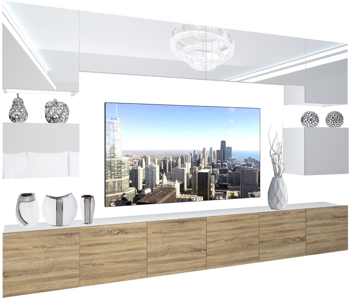 BELINI Wandmeubel NEX 3 - TV-Wandkast Set met LED-Verlichting Wit / Sonoma Eiken - Hoogglans Fronten