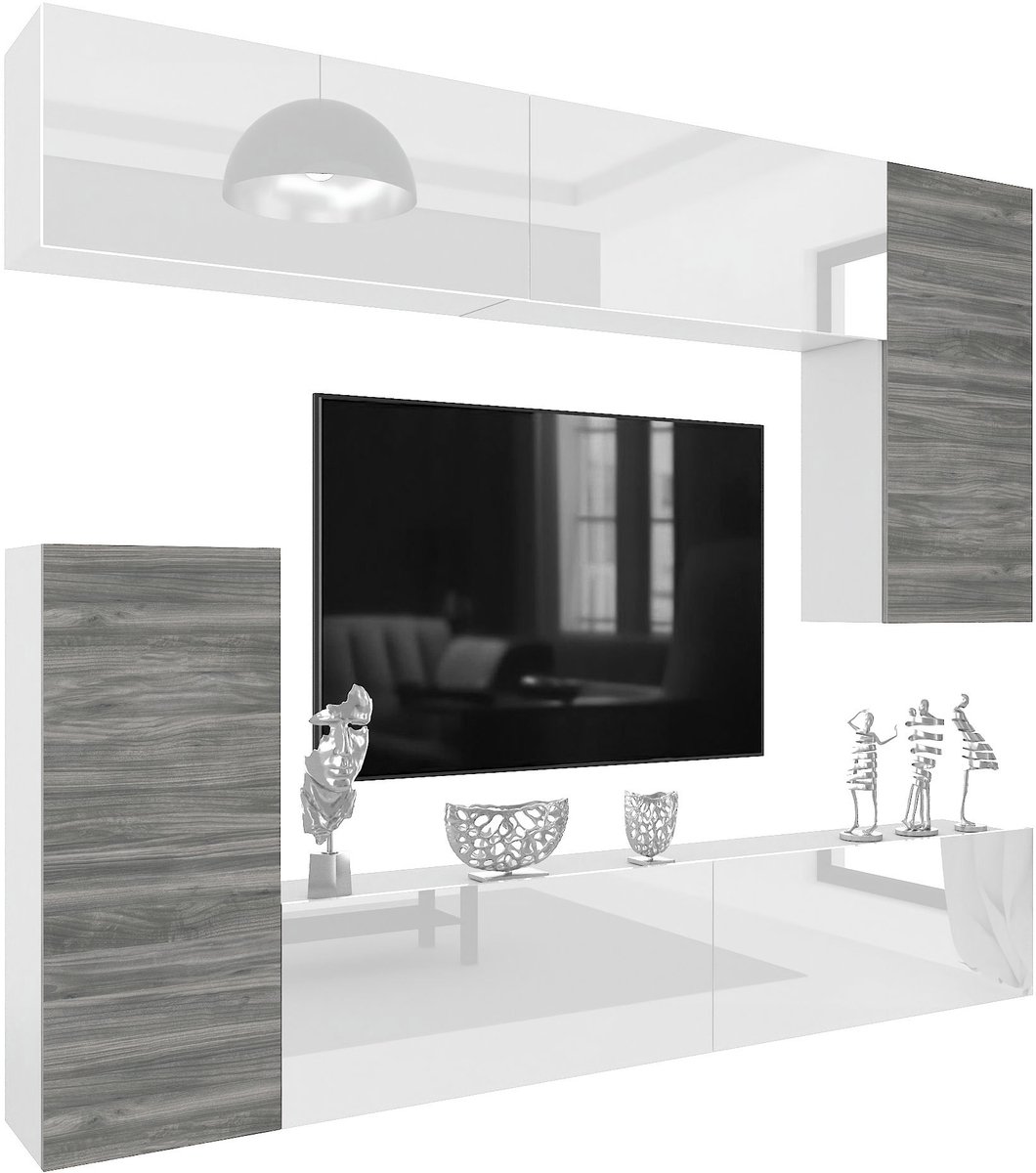 BELINI Wandmeubel Milano 8 250 cm Grijs Mat/Wit Hoogglans - TV-Wand Greeploos - Moderne Woonwand met Gasliftsysteem - Modulair TV-Meubel