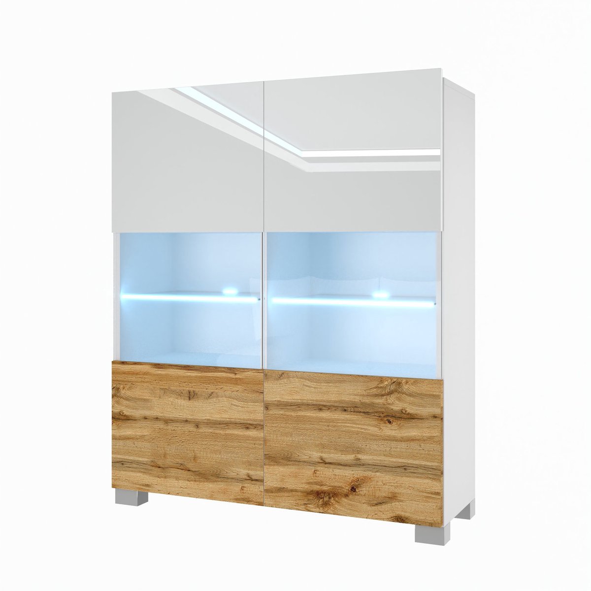 BELINI Vitrinekast met LED-verlichting - Hoge Kast Wit/Wotan Eiken - Greeploos Woonkamerme