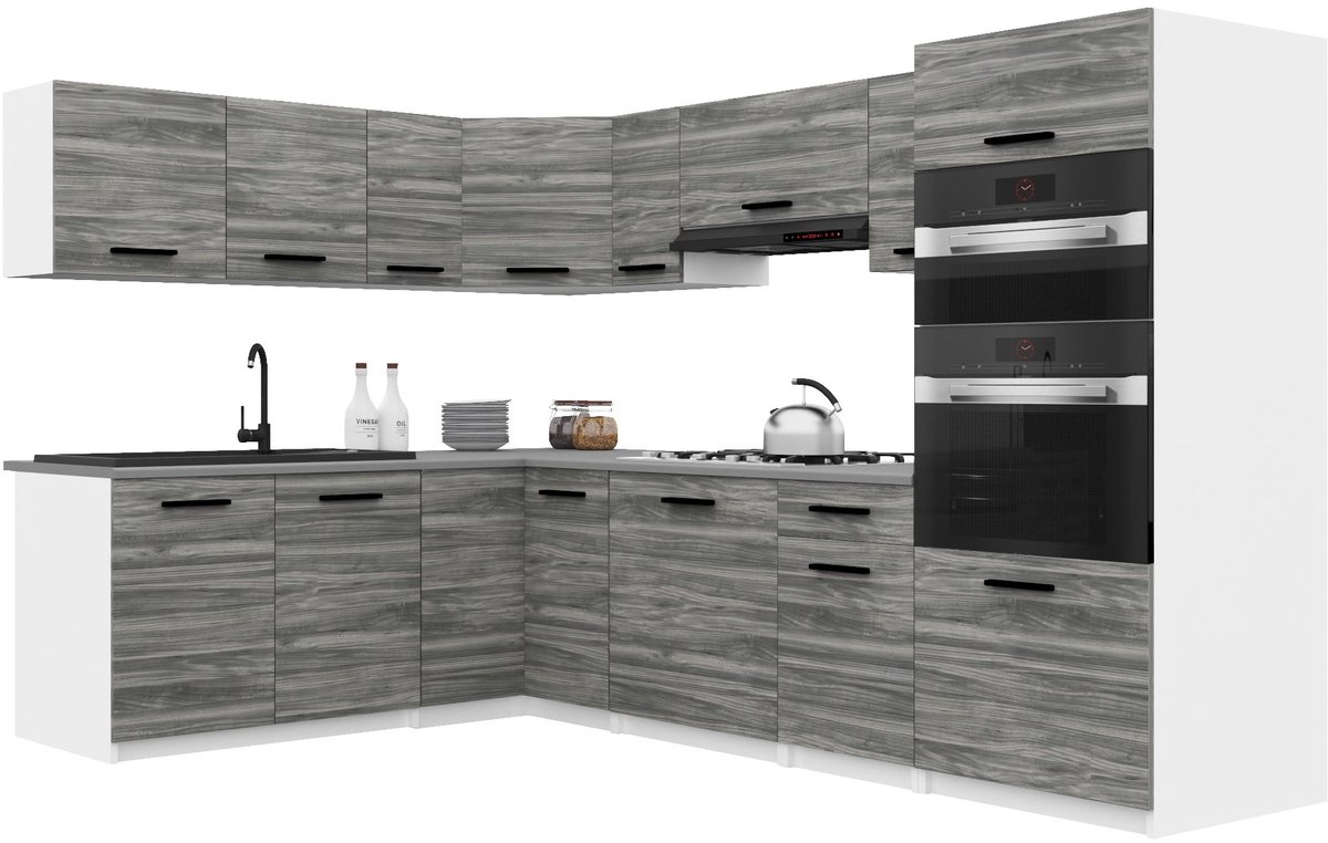 BELINI Keukenblok ITALIA 8 - Keukenmeubel Set 420 cm Grijs Glamour met Werkbladen - Boven- en Onderkasten