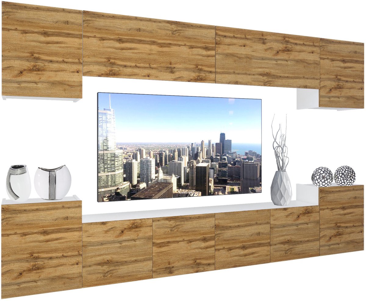 BELINI Wandmeubel NEX 4 - TV-Wandkast Set met LED-Verlichting Wotan Eiken - Hoogglans Fronten