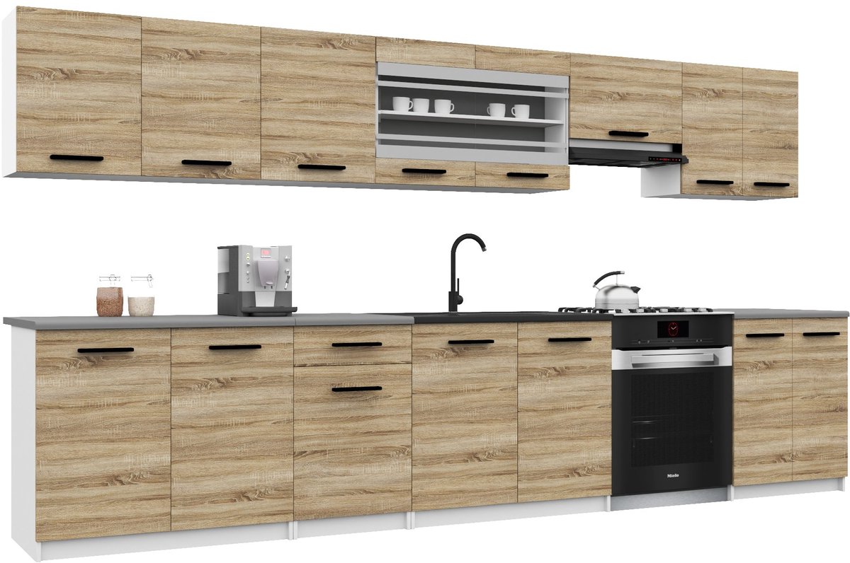 BELINI Keukenblok ITALIA 3 - Keukenmeubel Set 320 cm Sonoma Eiken met Werkbladen - Boven- en Onderkasten