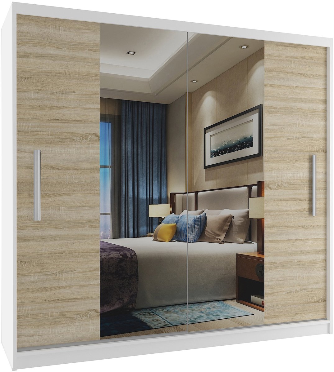 BELINI Verona ME Schuifdeurkast 200 cm Wit/Sonoma Eiken Mat - Kledingkast met Spiegel - Comfort Line Slaapkamerkast