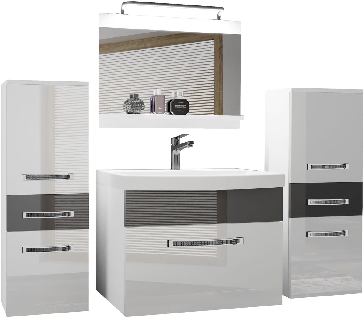 BELINI Badkamermeubel Set GLA P 4 - Badmeubelset 140 cm Wit Zilver Hoogglans met Wastafel, Spiegel en LED Lamp - Wandmontage