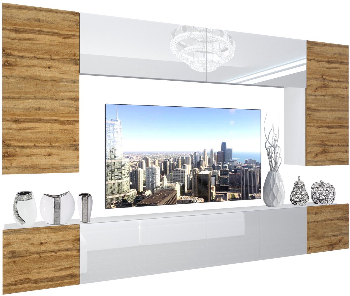 BELINI Wandmeubel NEX 2 - TV-Wandkast Set met LED-Verlichting Wotan Eiken / Wit - Hoogglans Fronten
