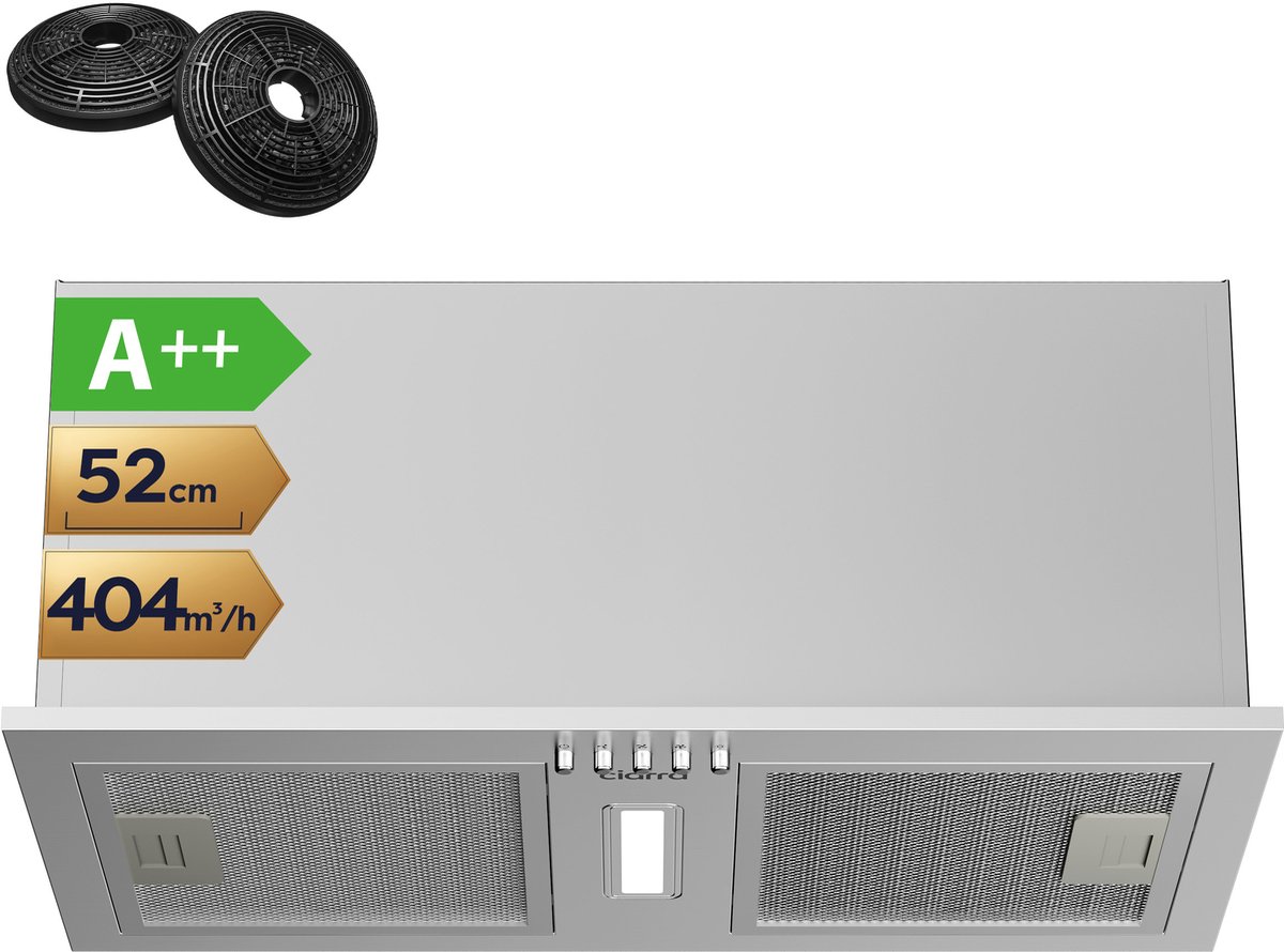 CIARRA CBCS5937A - Inbouwafzuigkap A++ 52 cm 404 m³/u Onderbou afzuigkap Recirculatie & Afzuiging Koolstoffilters meegeleverd Zilver