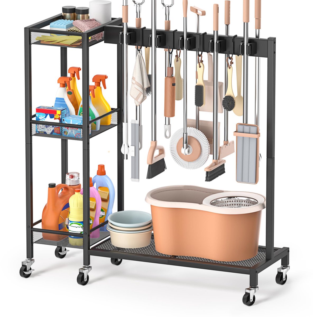 SnelShoppen - Broom Holder en Organizer voor Schoonmaakitems - Broomhouder, Mophouder, Haakjes, Schoonmaakcaddy, Opslagoplossingen voor Keuken, Wasrui