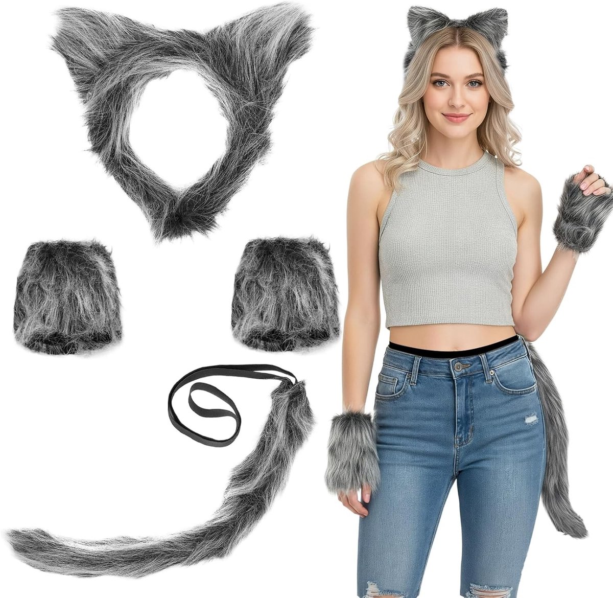 Set van 3 Grijze Wolf Kostuum Oren, Staart en Handschoenen voor Volwassenen - Grappige Carnaval Outfit en Furry Accessoires voor Cosplay en Feestjes