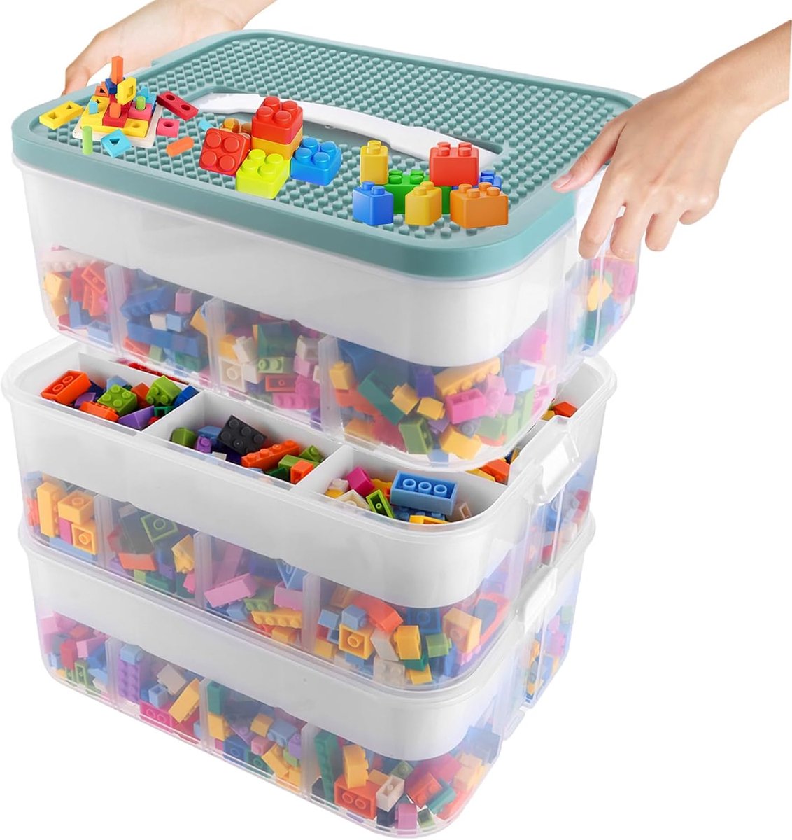 SnelShoppen - Opbergdozen met Deksel, 3 Niveaus, Transparante Sorteerbox, Opbergboxen, 30.5 x 20 x 32.5 cm Stapelbare Dozen voor Bouwstenen en Puzzels
