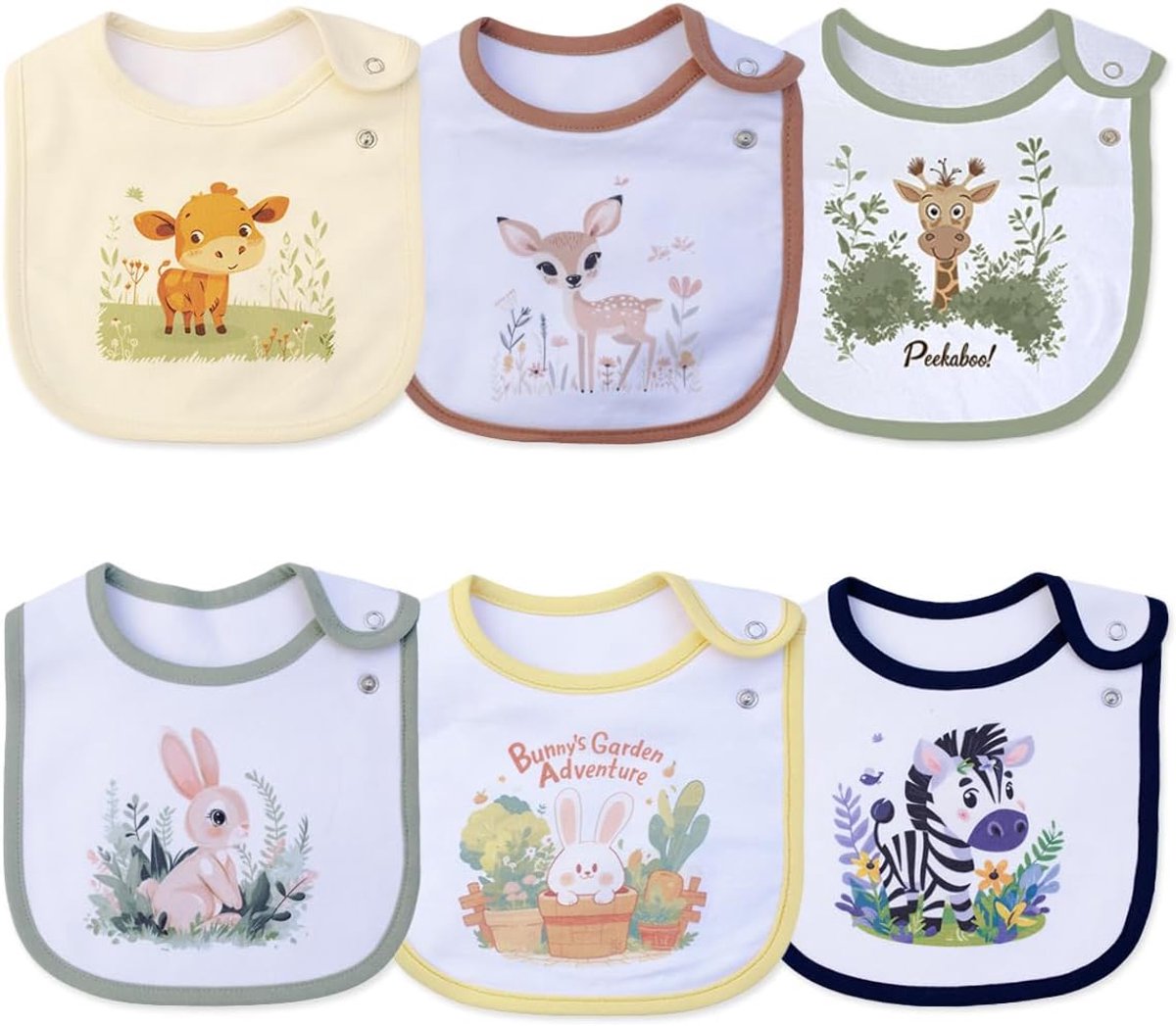 Set of 6 Waterproof Cotton Animal and Flower Prints Baby Bibs for Girls and Boys to Salivate Eating with Adjustable - ShopVlot