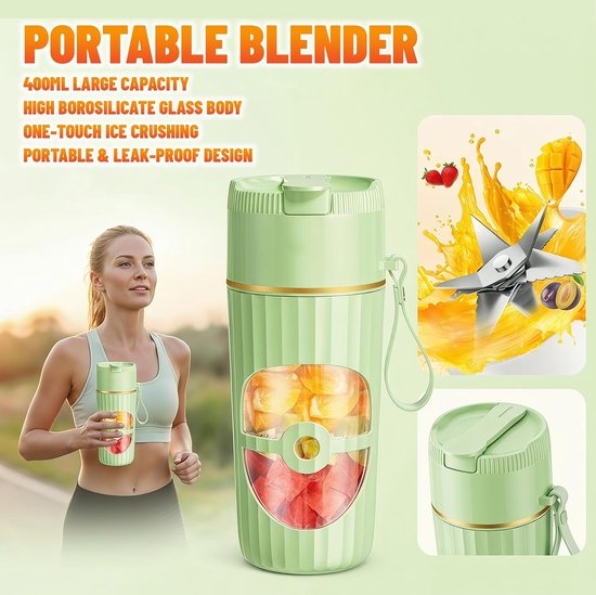 Draagbare blender - Smoothie maker - Verse dranken maken - 10 roestvrijstalen messen - 400 ml - Groen — afbeelding 5