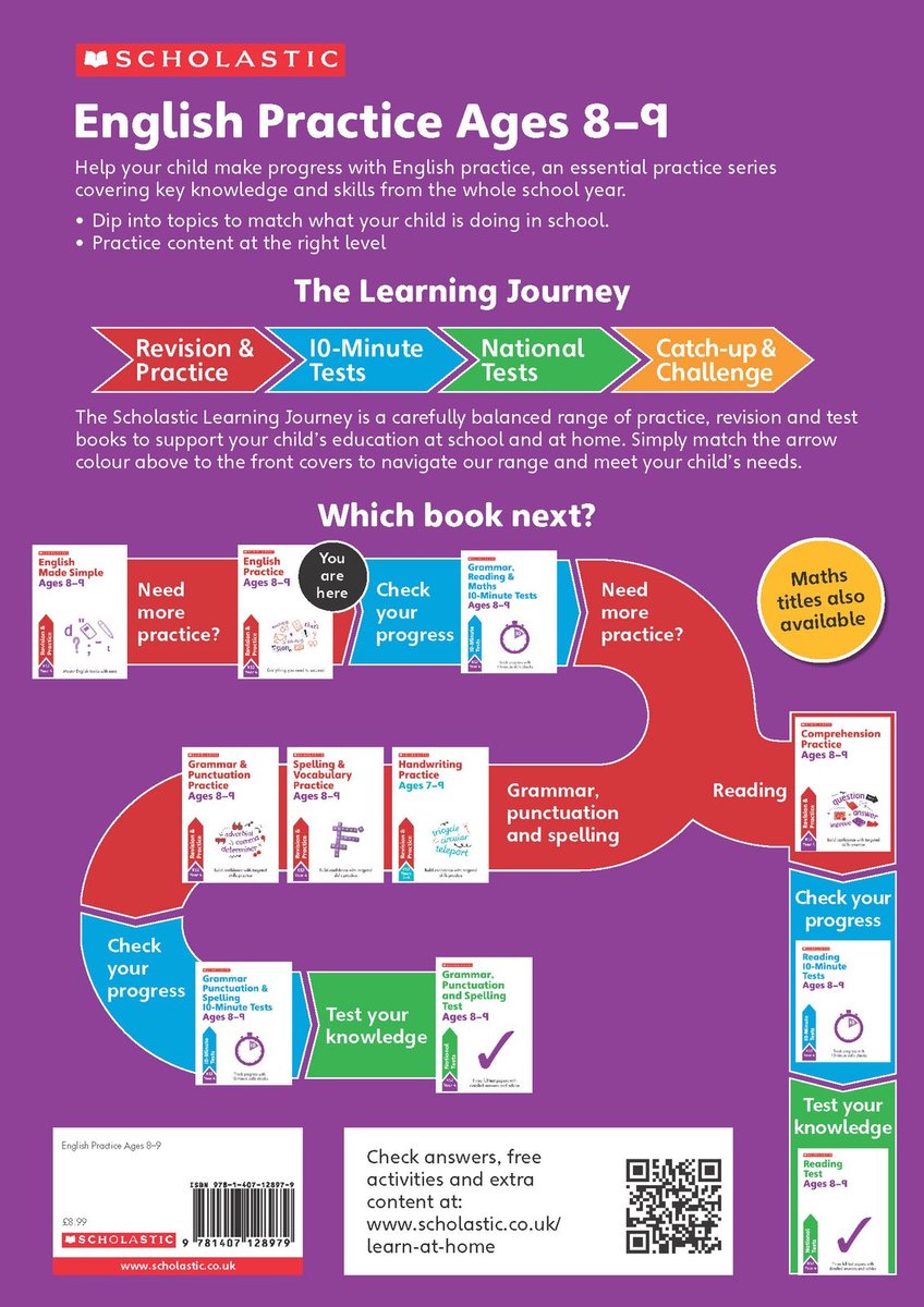 De Scholastic Learning Journey voor Engels oefenen, leeftijden 8-9 jaar, met verschillende oefenboeken en testmogelijkheden.