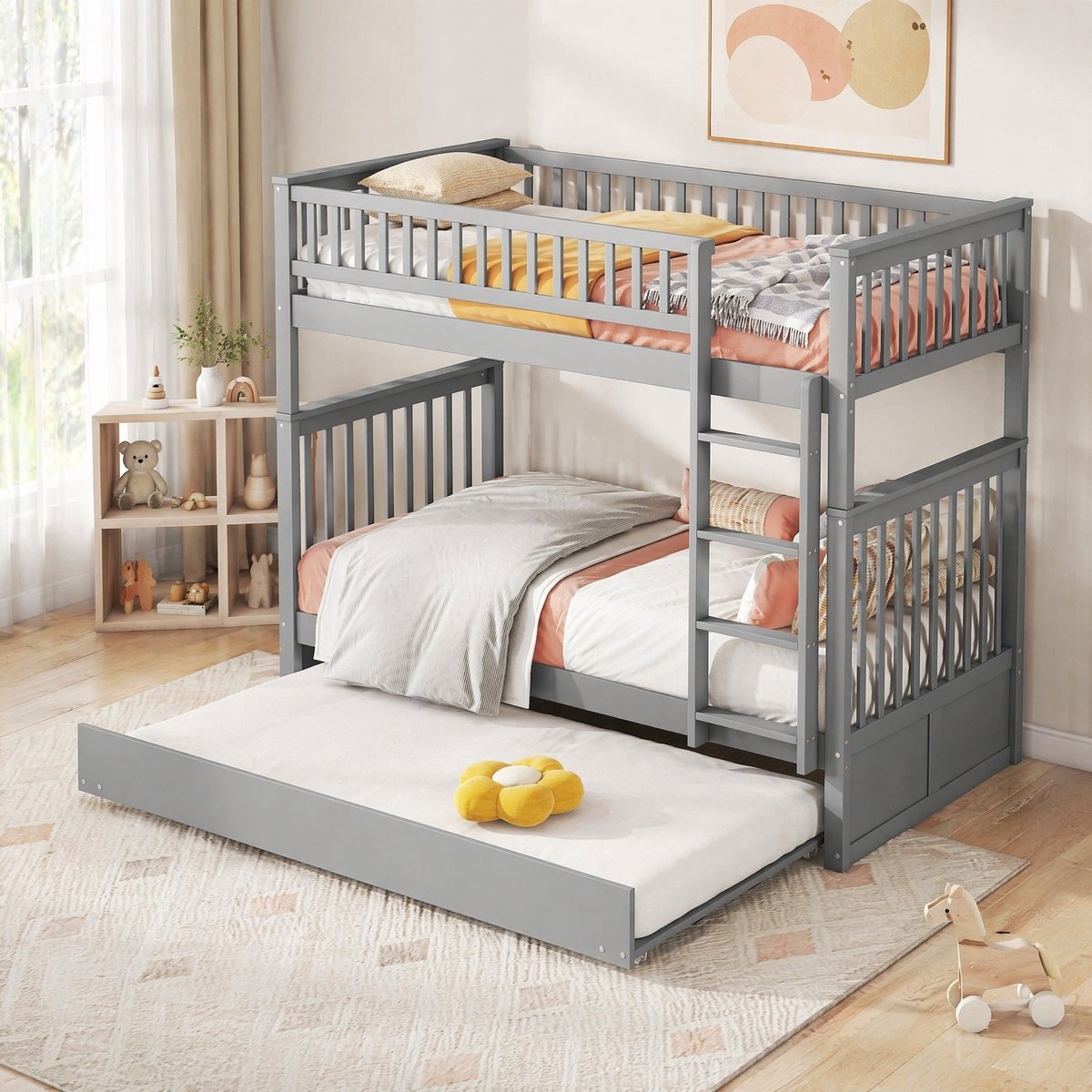 COVREO Stapelbed 90x200 cm grijs, hout en MDF, met uitrolbed, zonder matras