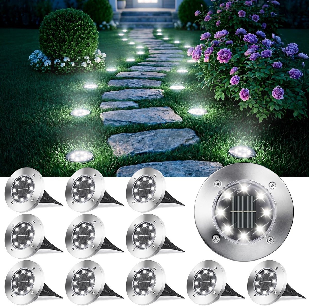 SnelShoppen - Outdoor Solar Garden Lights - 12 Stuks - Waterdichte LED Tuinverlichting - Zonne-energie Grondlampen - Voor Pad, Tuin, Patio en Oprit -