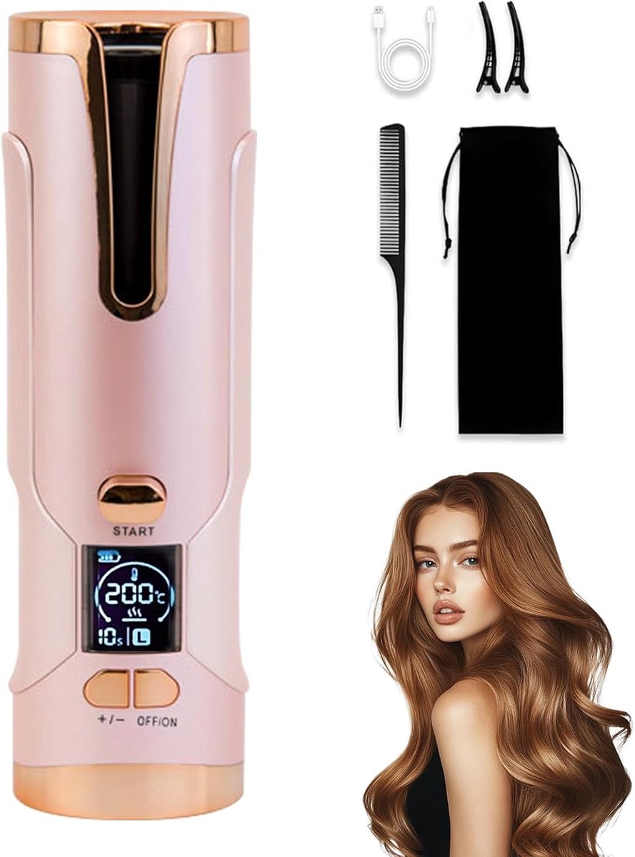 SnelShoppen - Draadloze Automatische Krultang met Keramische Krulspelden, 6 Temperatuurinstellingen, 5200mAh USB-Oplaadbaar, Roze, Voor Grote en Klein