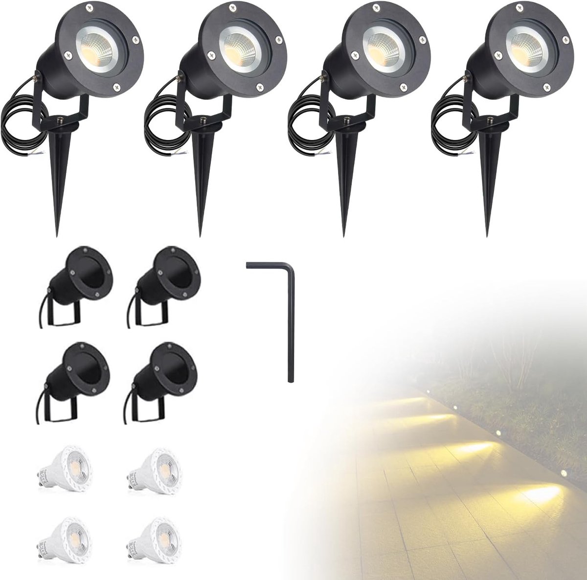 Set van 4 Stuks 5W LED GU10 Tuin Spotlights met Grondpen en 150cm Voedingskabel - Waterdichte Lamp voor Buiten, Warm Wit Licht voor Tuin en Terrasverlichting