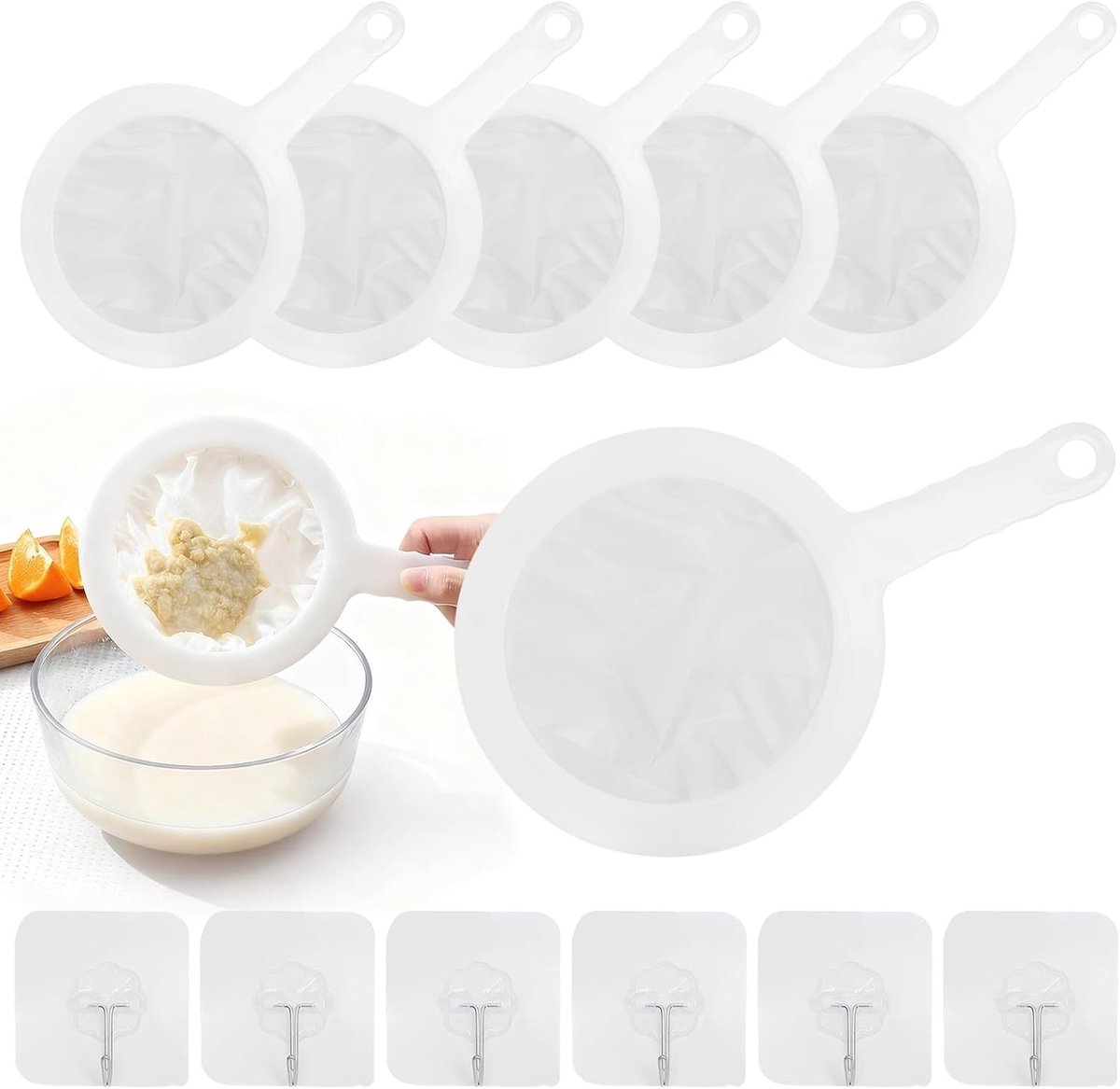 Set van 6 Ultra-Fijne Zeefjes voor Keuken, Ideaal voor Sap, Melk en Koffie met Handvat en 6 Haken