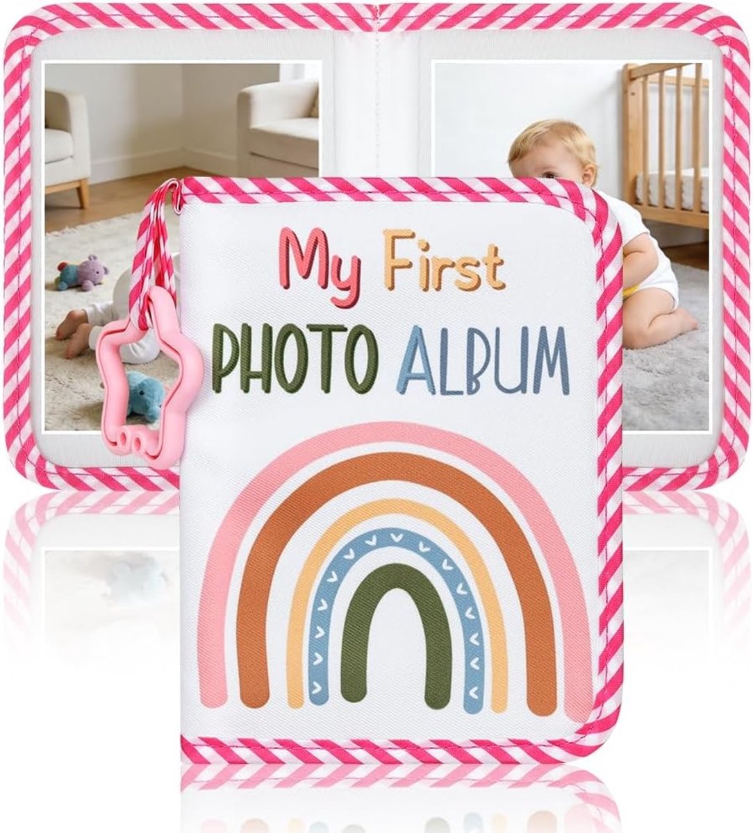 Baby Album voor 17 Foto's in 16.5 x 11.5 cm, Familie Fotoalbum 'Mijn Eerste Jaar', Zacht Stofalbum, Herinneringen Bewaren, Regenboog Design