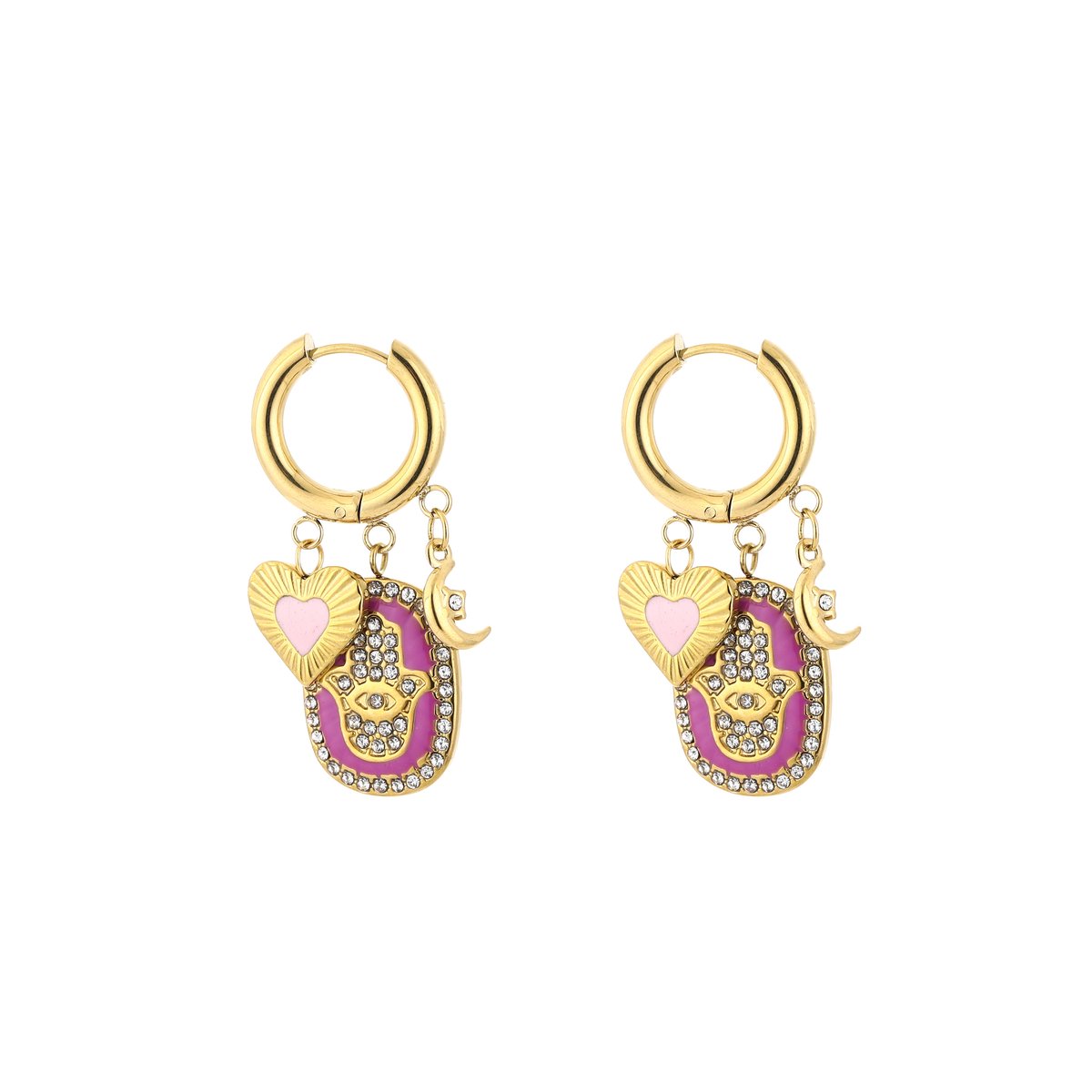 Stainless Steel Hamsa Hand & Heart Charm Hoops – Luxe Hamsa Hand met Zirkonia & Emaillestick Bedel Oorringen – RVS - Goud