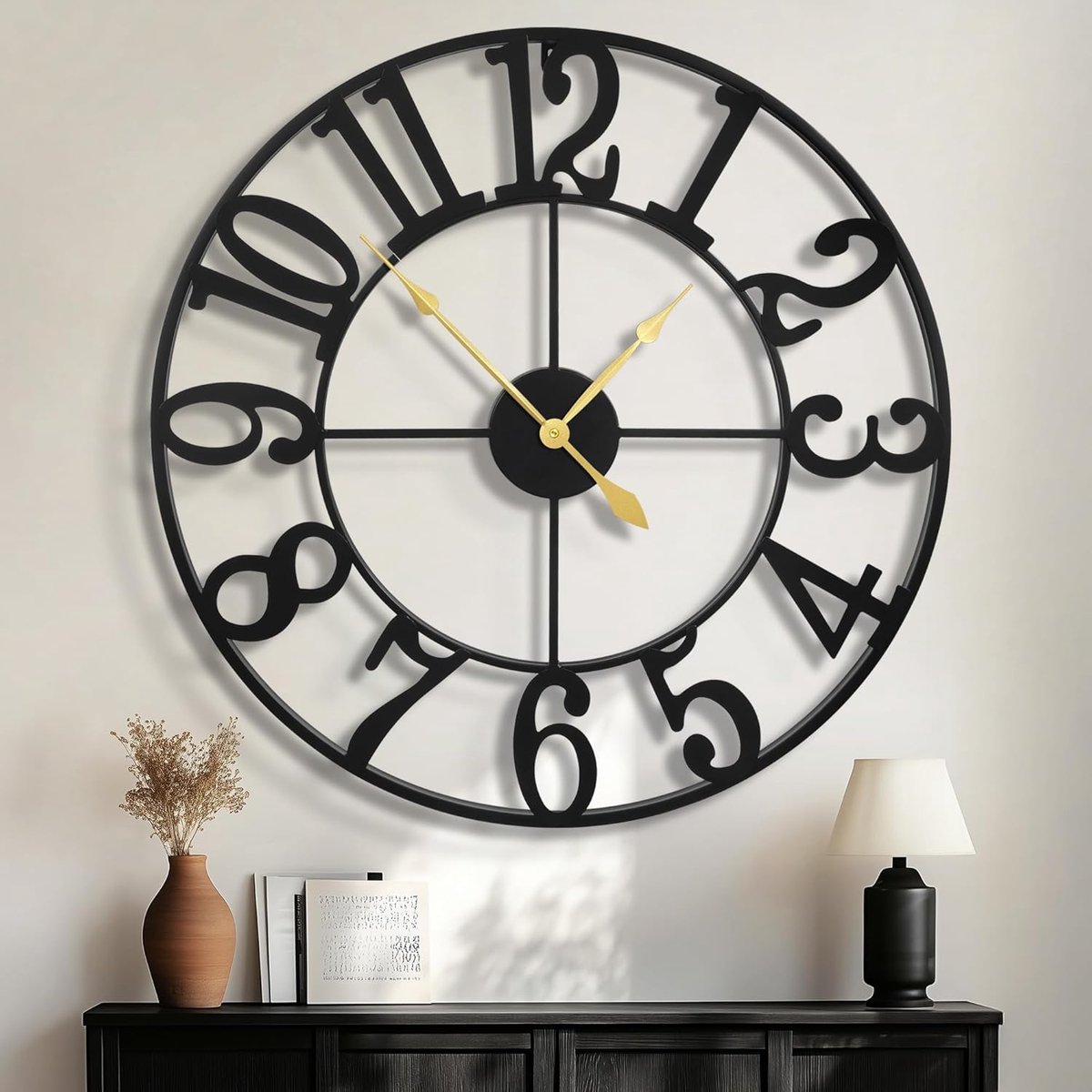 SnelShoppen - Grote wandklok 80 cm, modern zwart metaal, geruisloos, vintage stijl met Arabische cijfers voor woonkamer, slaapkamer en keukendecoratie