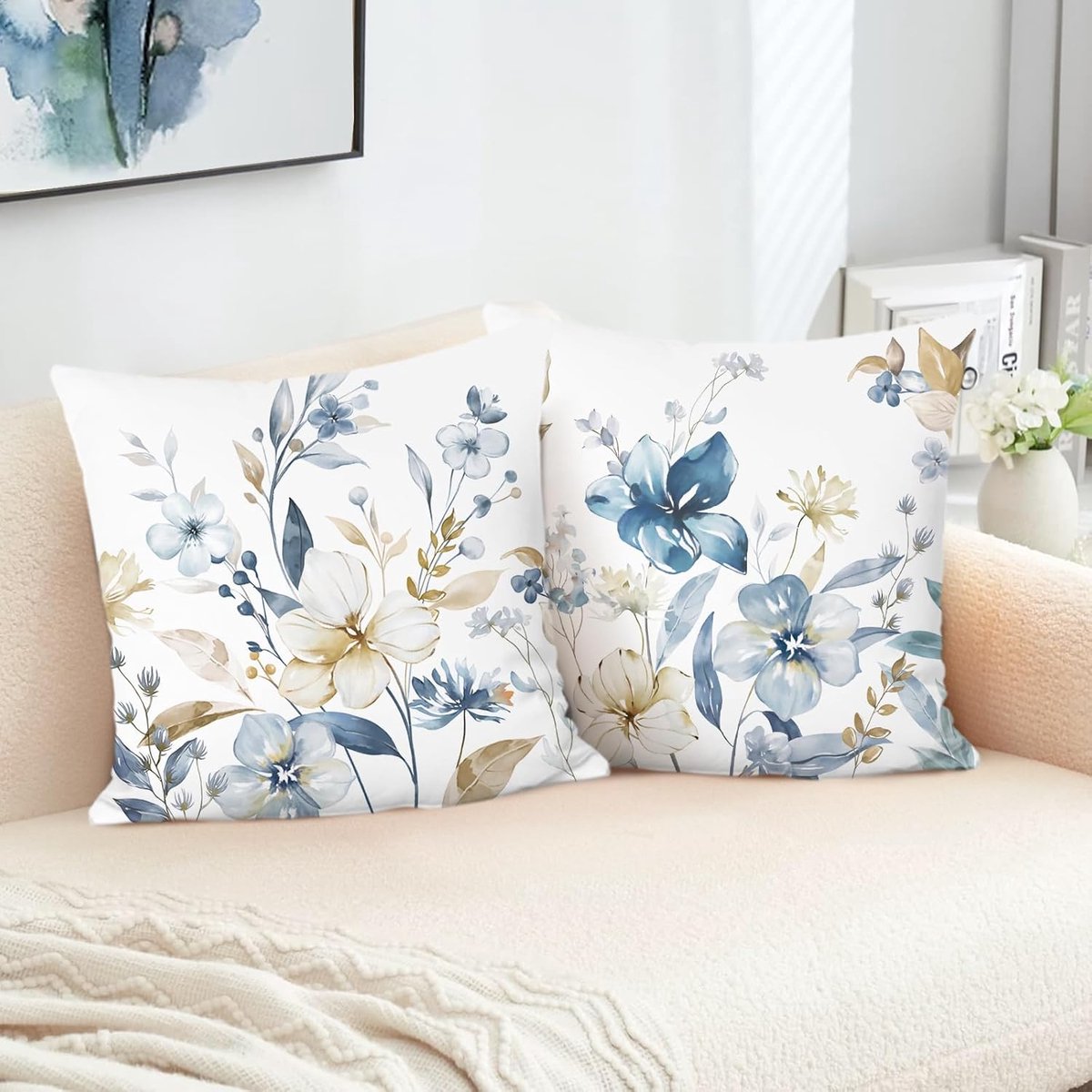 SnelShoppen - Set van 2 Bloemen Kussenslopen 45 x 45 cm - Aquarel Bloemen en Bladeren - Decoratieve Sierkussenovertrekken voor Bank, Slaapkamer, Woonk