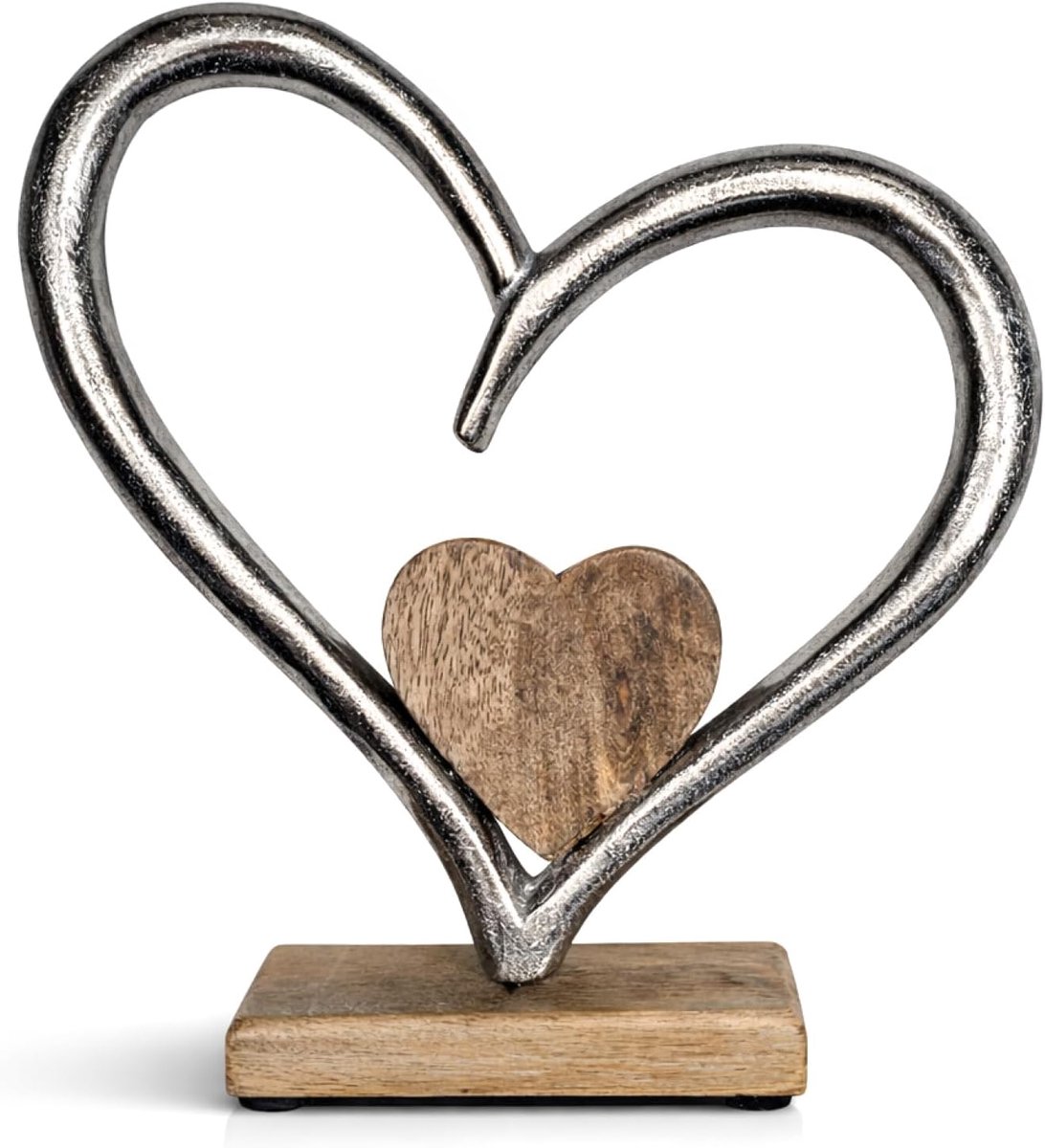 SnelShoppen - Decoratieve Harten Standaard - Metalen Figuur op Mangohouten Sokkel met Anti-Slip Pads - Woonaccessoire voor Tafel, Dressoir en Vensterb