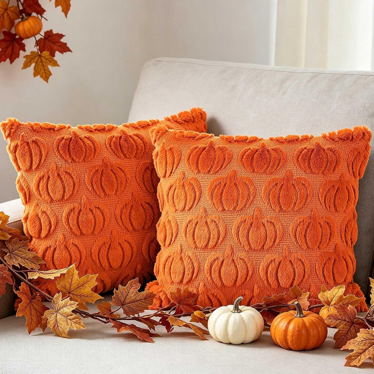 SnelShoppen - Kussenslopen Herfst 40 x 40 cm, Pluche Pompoen Decoratieve Kussens voor Thanksgiving en Halloween, Oranje Kleur voor Bank en Beddengoed