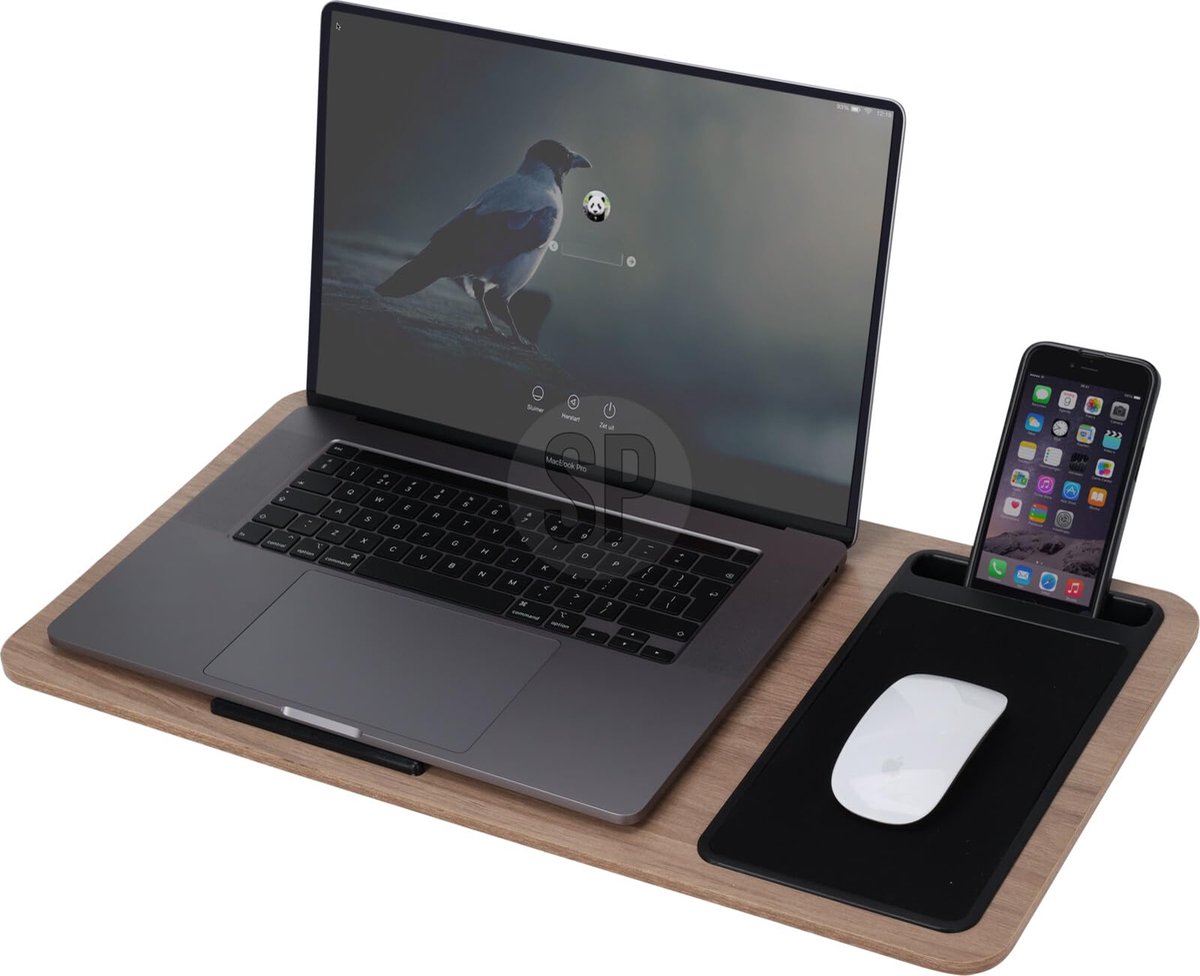 SnelShoppen - Draagbare knietafel met kussen en mobiele telefoonhouder, lichtgewicht bruin, ideaal voor bed, bank, thuis, op kantoor en op reis