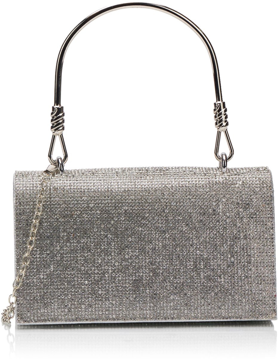 SnelShoppen - FELIPA Dames handtas clutch, zilver, strass schoudertas met vierkante ketting en magnetische klep, één maat, perfect voor feestelijke ge