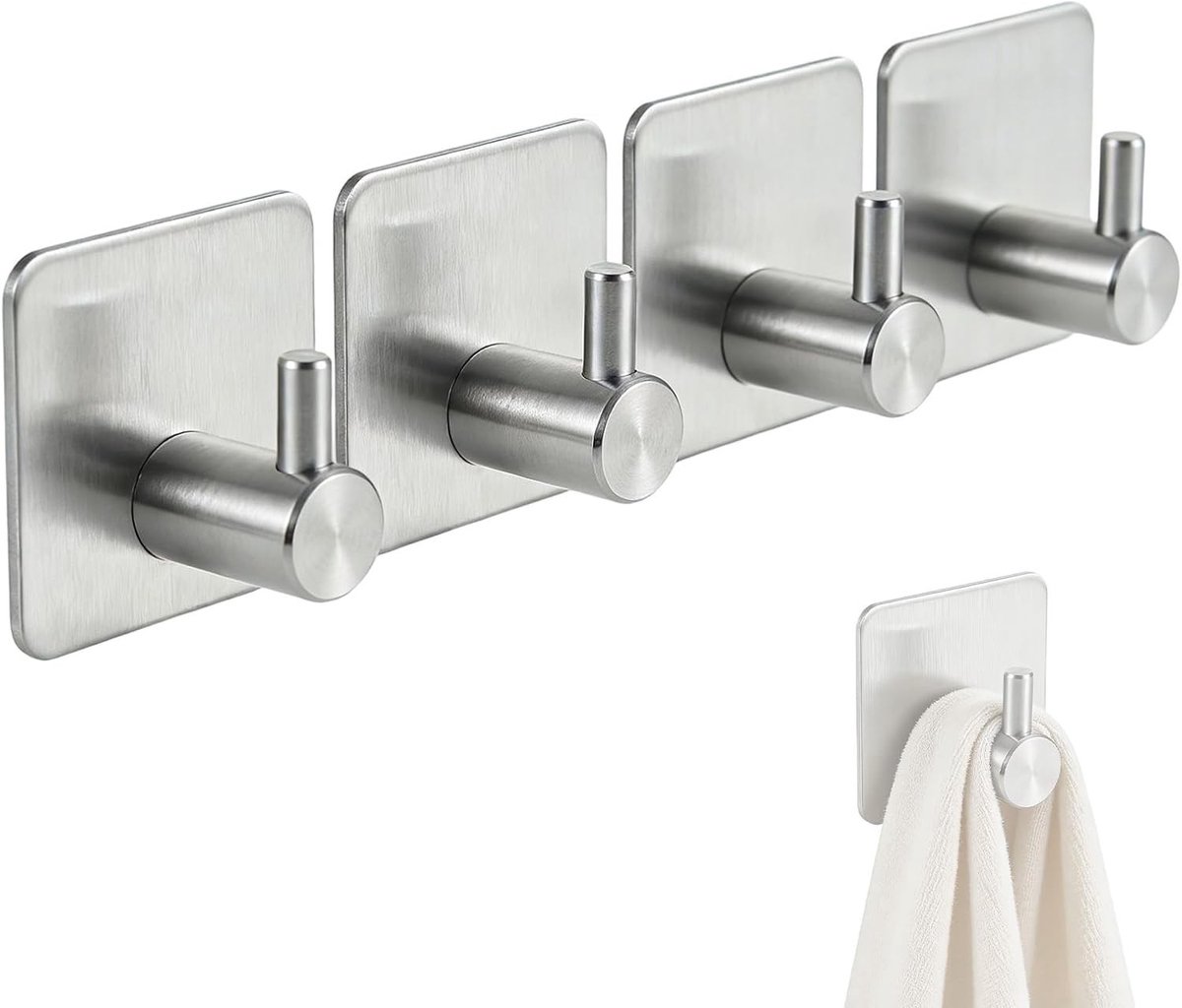 Zelfklevende wandhaken 4 stuks van roestvrij staal 304, moderne haken voor badkamer en keuken, ideaal voor handdoeken en accessoires, rond en zilverkleurig