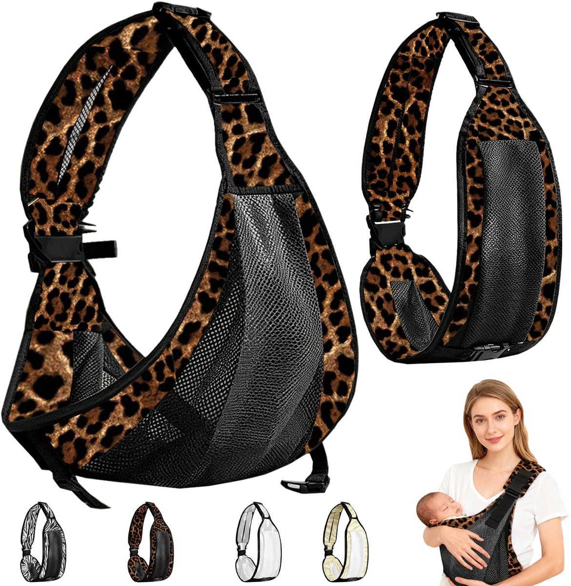 SnelShoppen - Ergonomische Babydrager aan de Zijkant voor Pasgeborenen tot 36 Maanden - Bruin met Luipaardprint, Draagvermogen tot 20 kg, Ideaal voor